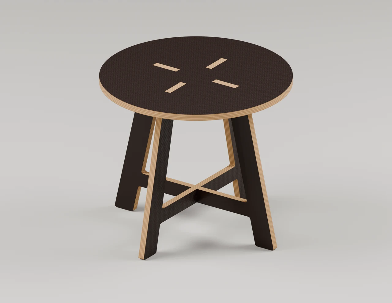 Low camp side table in dark buffalo board — concept render